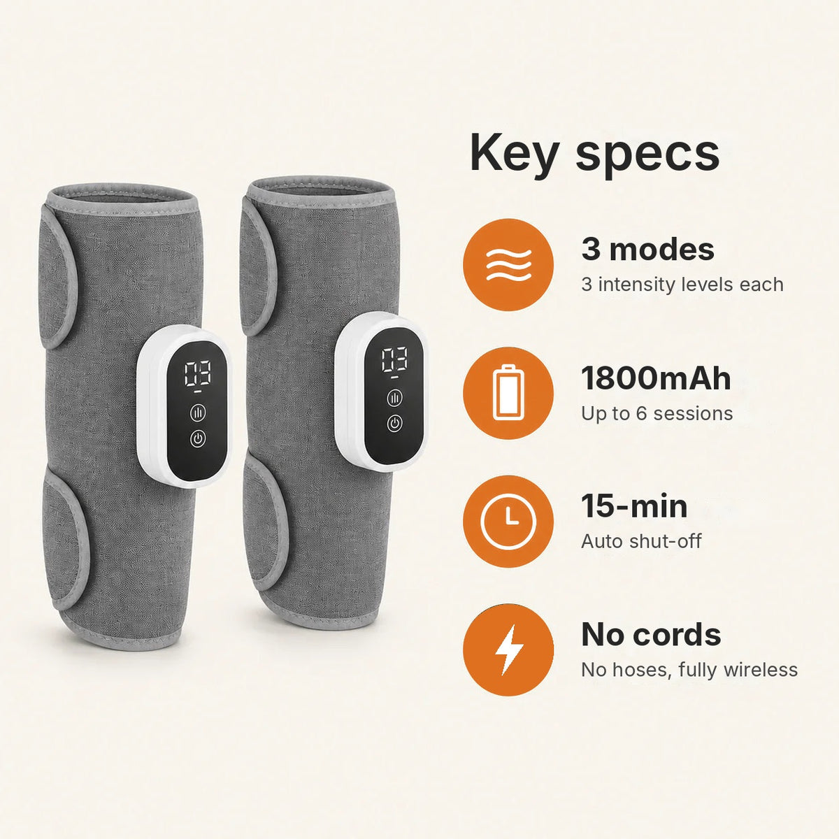 Pair of wireless air compression calf massagers with 360° wrap, 3 modes and 3 intensity levels