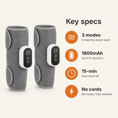 Pair of wireless air compression calf massagers with 360° wrap, 3 modes and 3 intensity levels