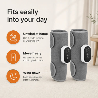 Pair of wireless air compression calf massagers with 360° wrap, 3 modes and 3 intensity levels